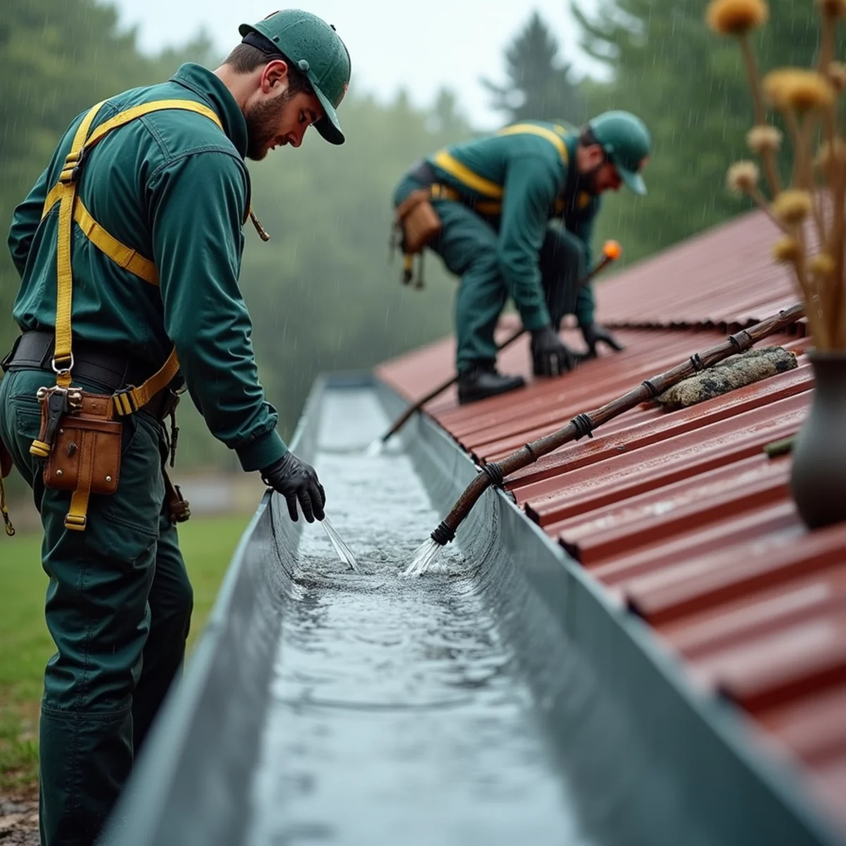 Deep 6-inch seamless gutter capturing fast runoff from standing-seam metal roof
