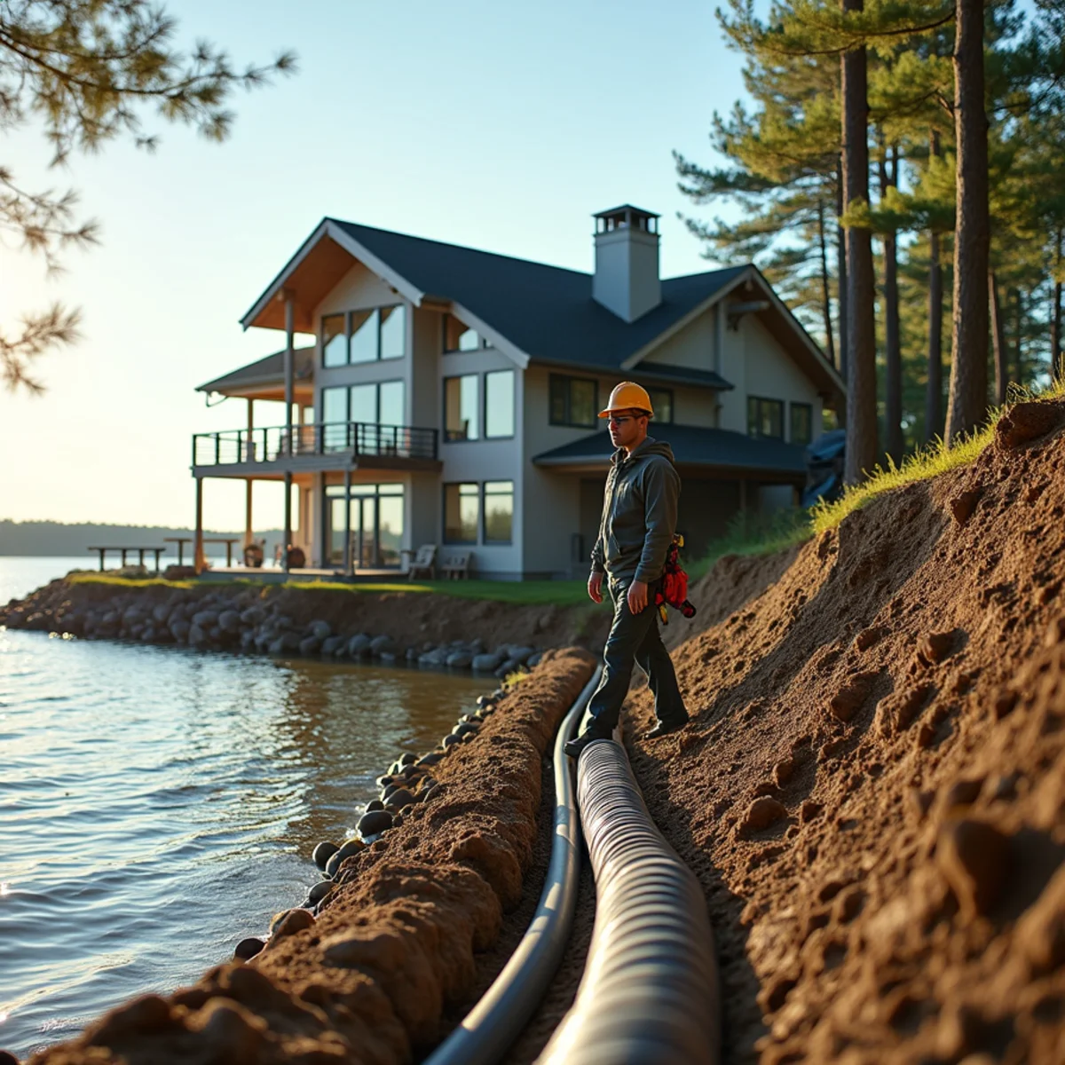 Lakeshore home on Middle Spunk Lake in Avon with underground downspout drainage