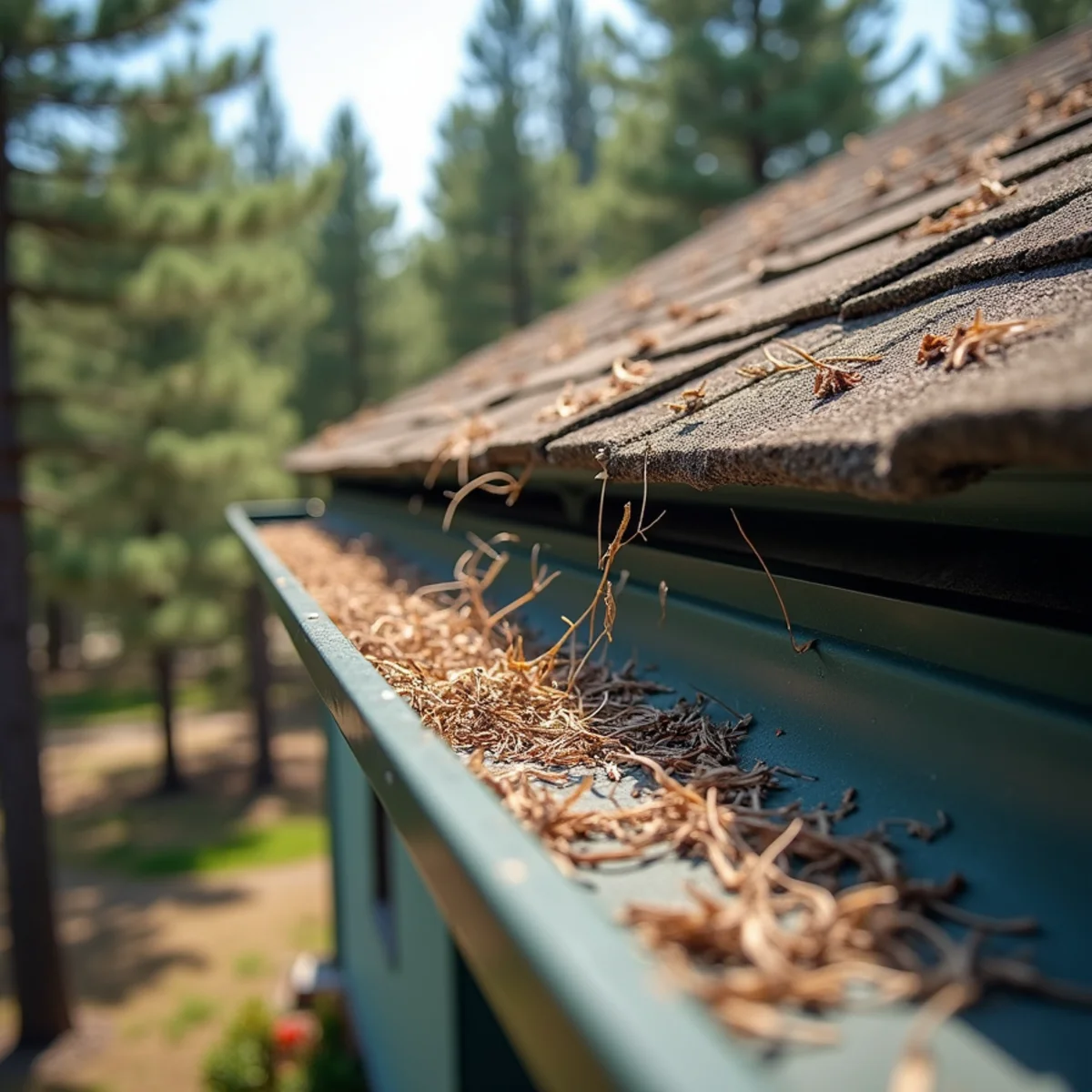 Micro-mesh gutter guards shedding pine needles on lake home near Mitchell Lake in Big Lake