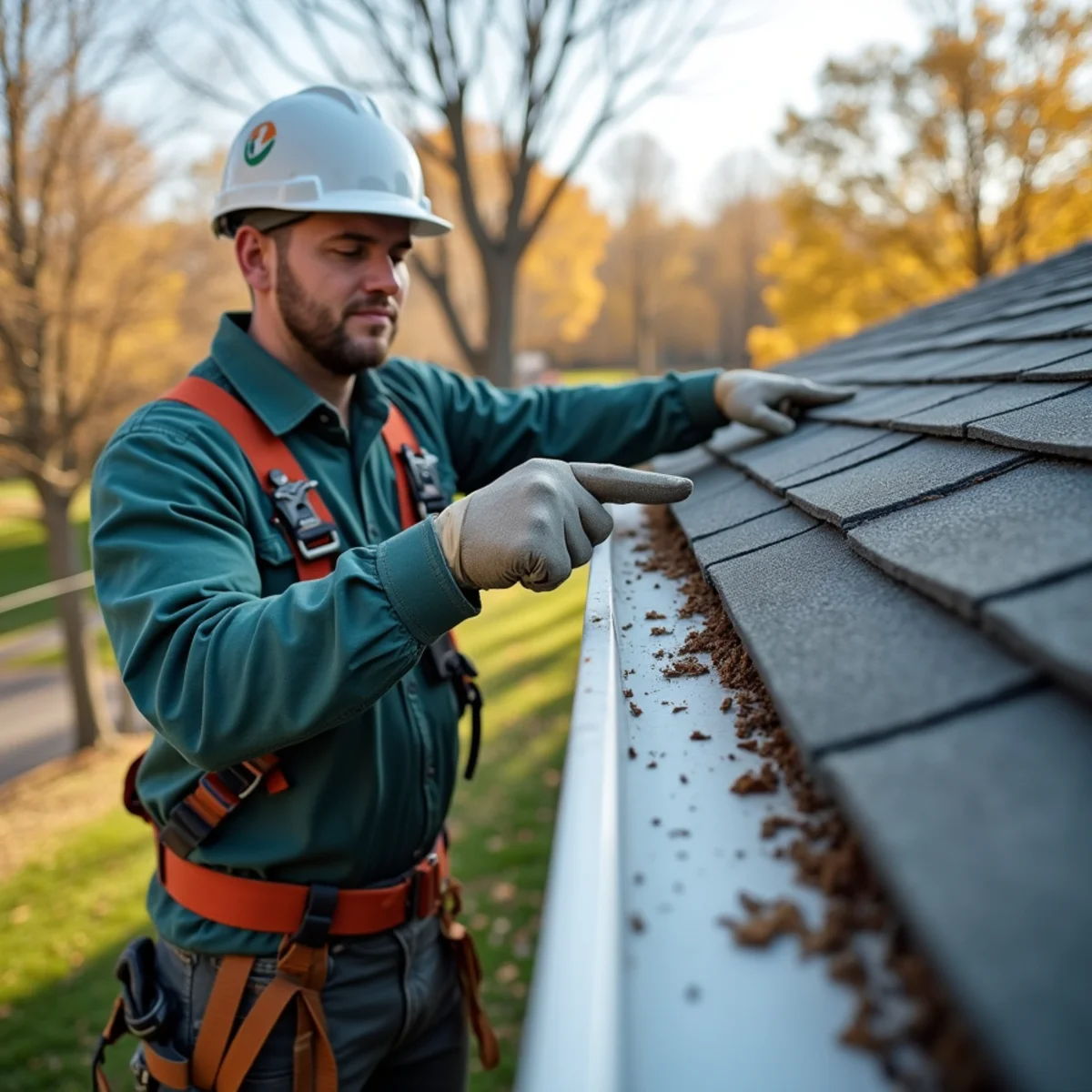 Technician explaining gutter slope and leaf protection maintenance to homeowner
