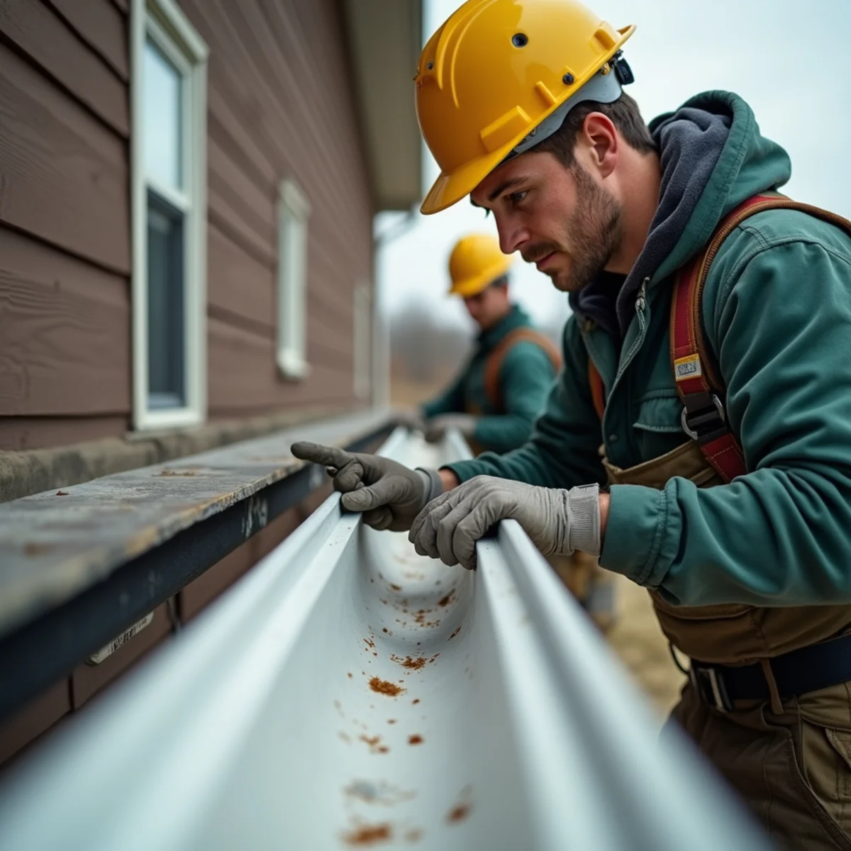 Technician inspecting custom fabricated 7-inch commercial box-style aluminum gutter