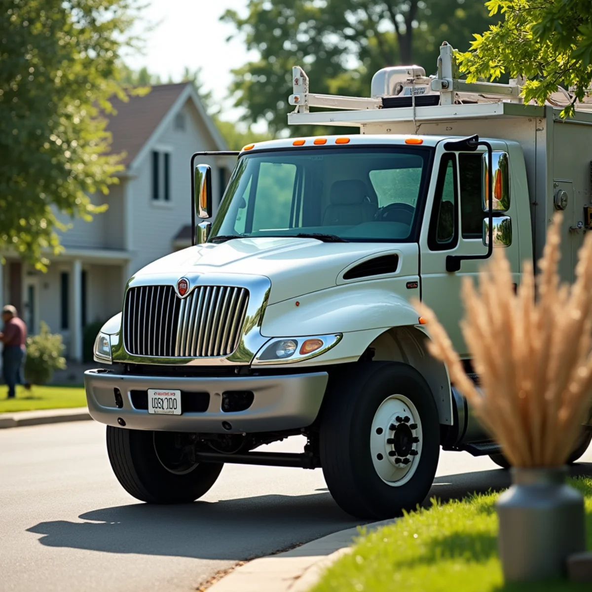 DualGuard service truck staged on residential street in Elk River for gutter replacement