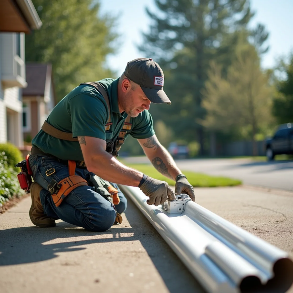 Craftsman bending white aluminum trim coil on portable metal brake in driveway