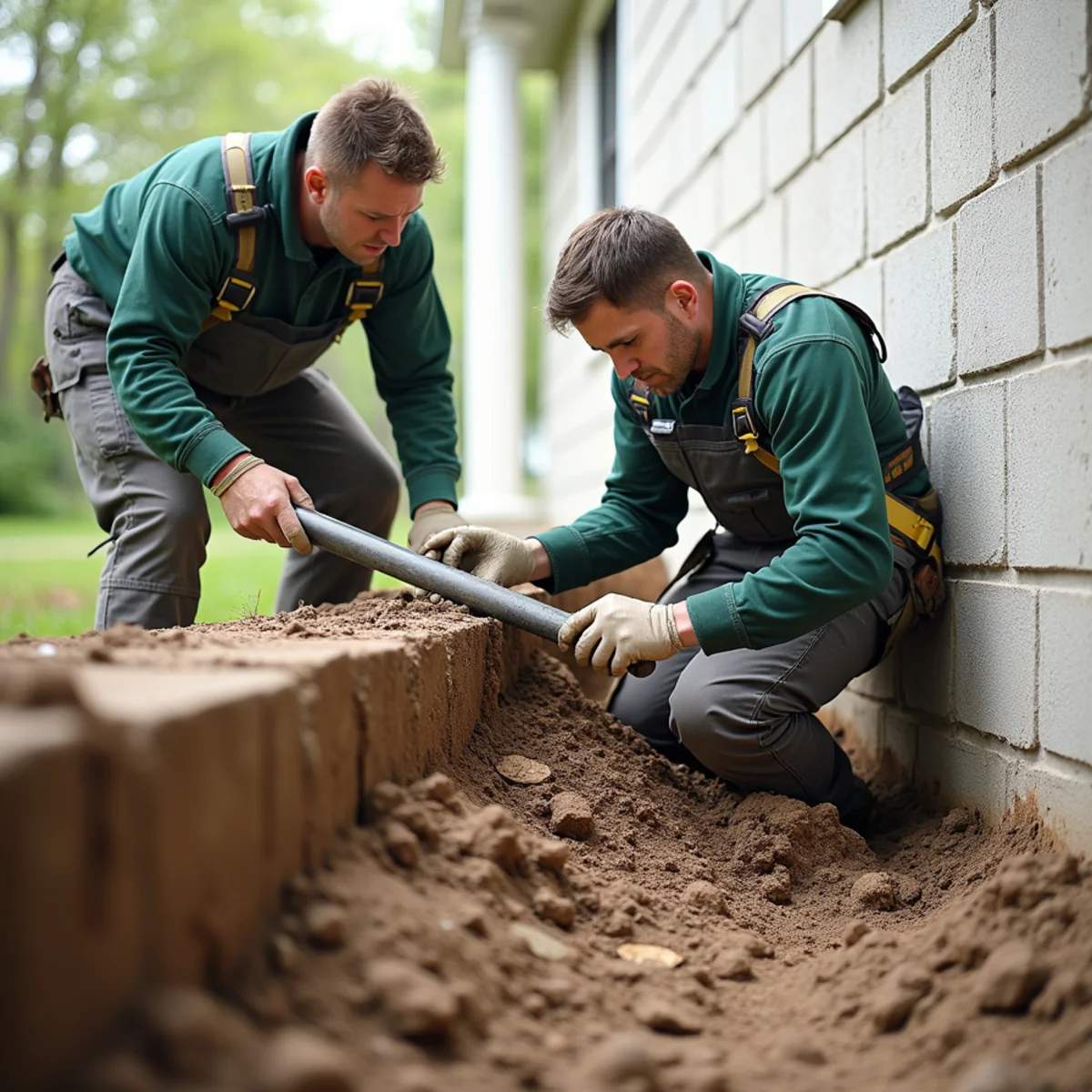 Saturated clay soil expanding against concrete foundation wall from roof downspout pooling