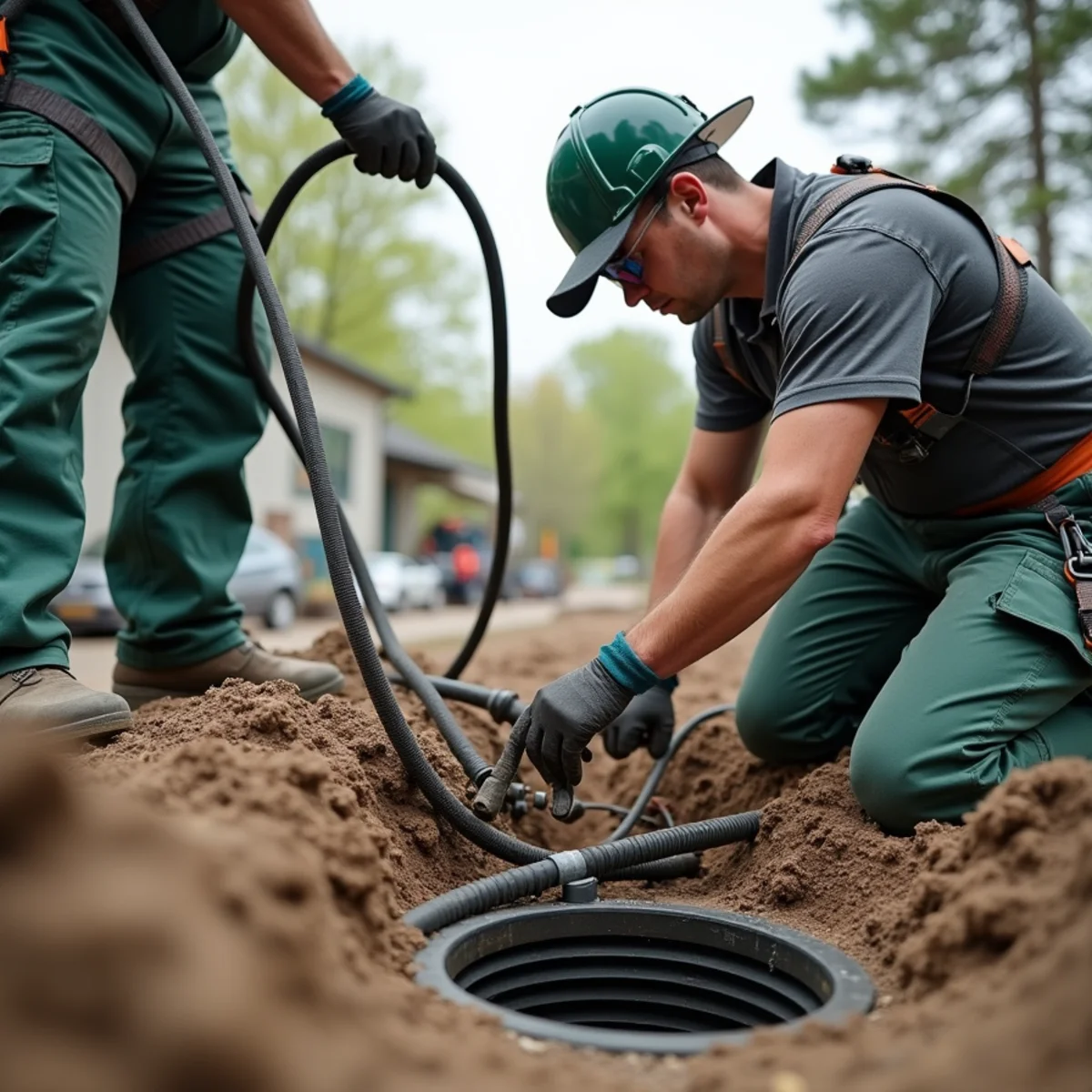 Technician feeding specialized steam nozzle into buried underground drain line to clear ice