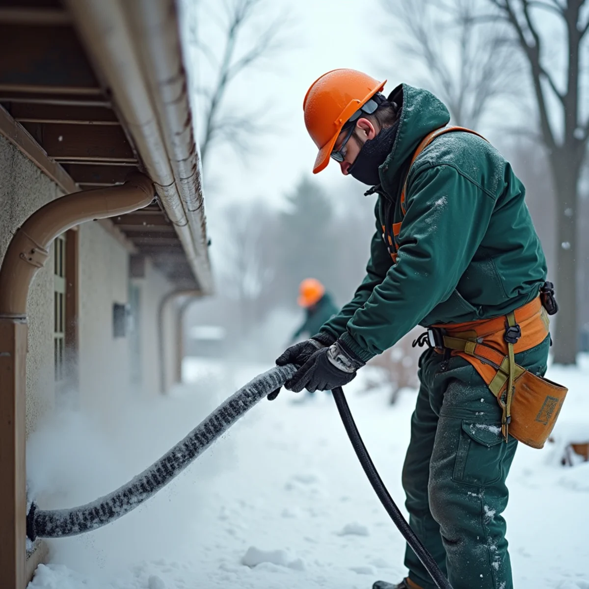 Steam technician snaking flexible steam hose into frozen downspout to thaw ice core