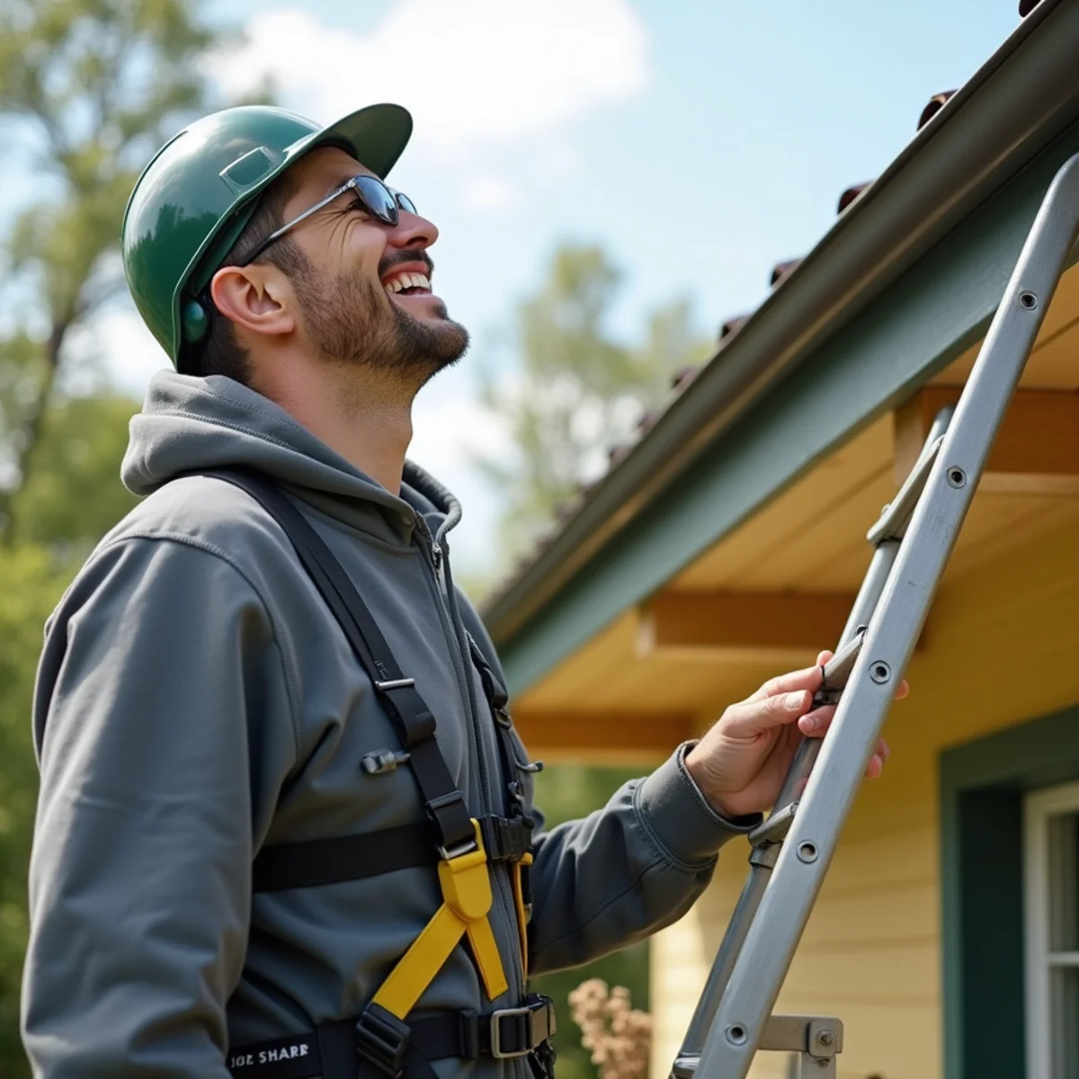 Homeowner standing safely on lawn looking up at leaf-guard protected roofline