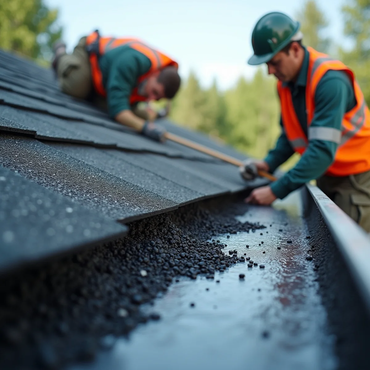 Asphalt shingle granules washing harmlessly off smooth micro-mesh gutter screen
