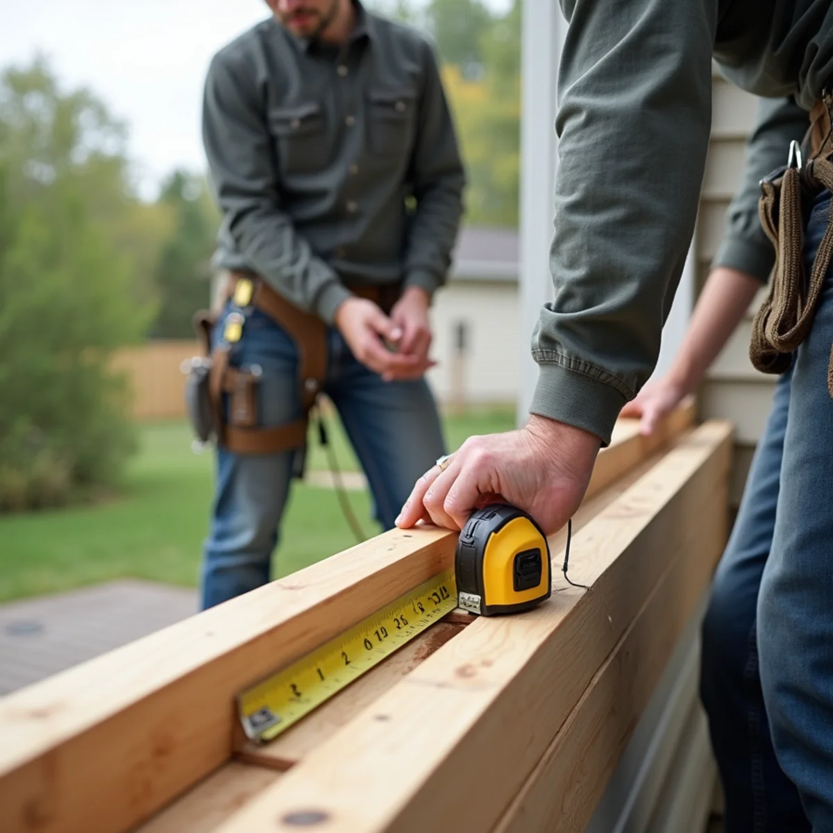 Carpenter measuring rotted wood fascia board for replacement quote
