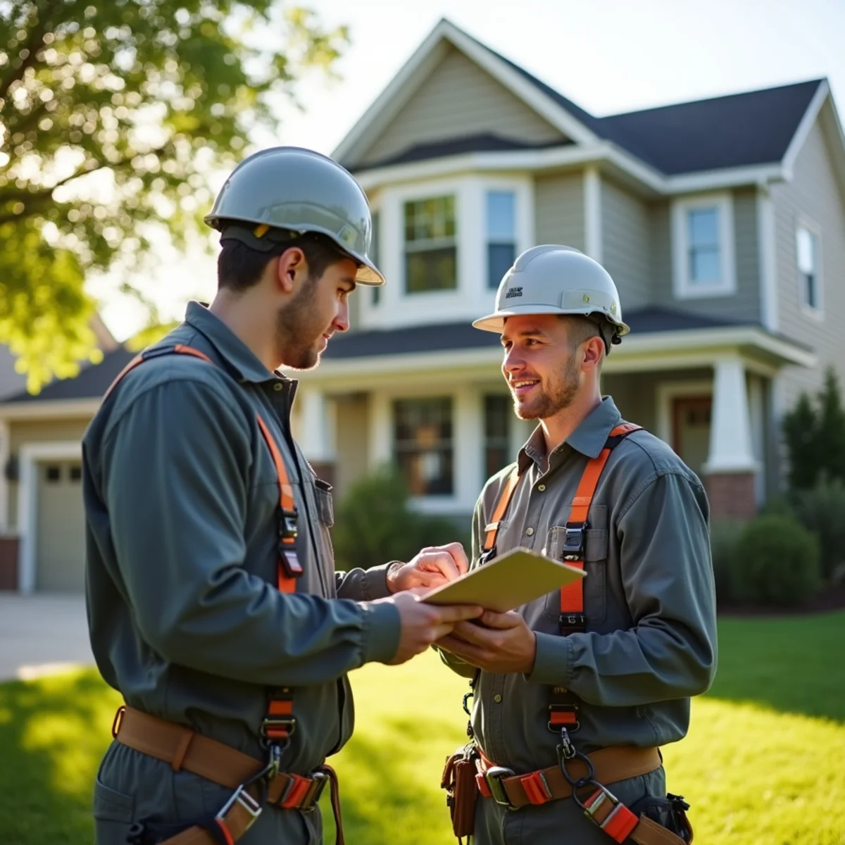 Gutter technician discussing written repair scope and pricing with homeowner