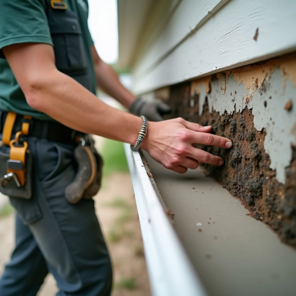 Decayed wood fascia board uncovered after removing failing sectional gutter run