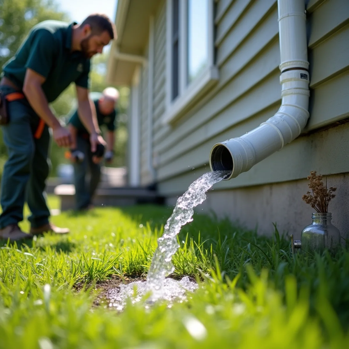 Unobstructed water discharge through newly installed downspout extension into lawn