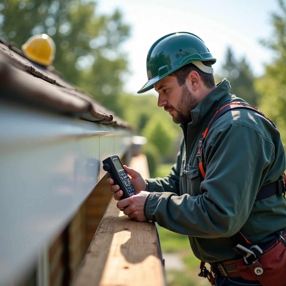 Technician checking moisture levels on a wooden fascia board before gutter installation