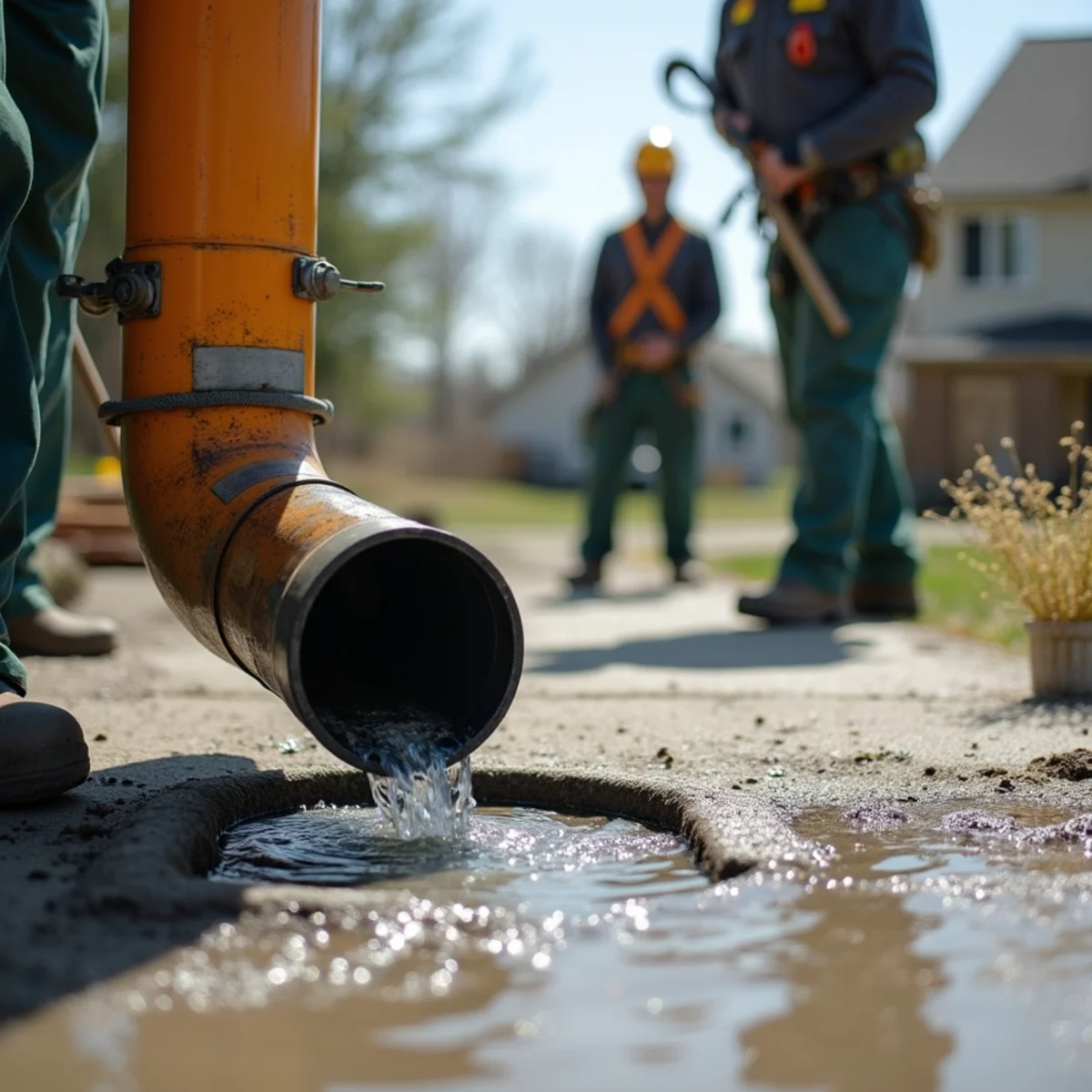 Clean water flow test through oversized downspout elbow onto protective splash pad