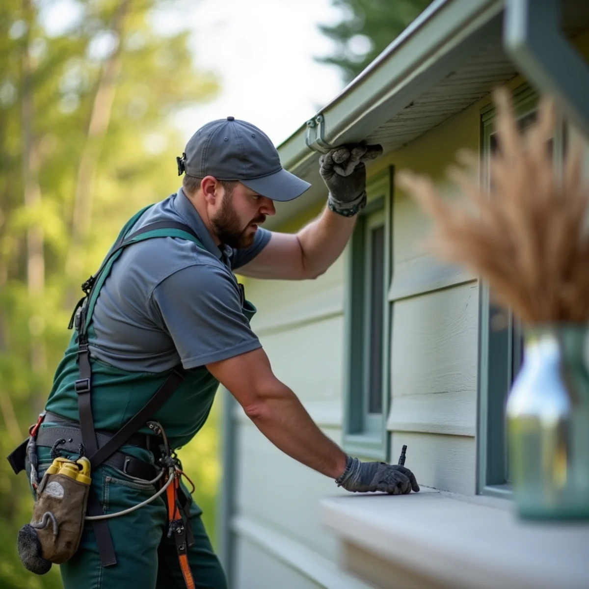 Seamless gutter section replacement color-matched to surviving home roofline