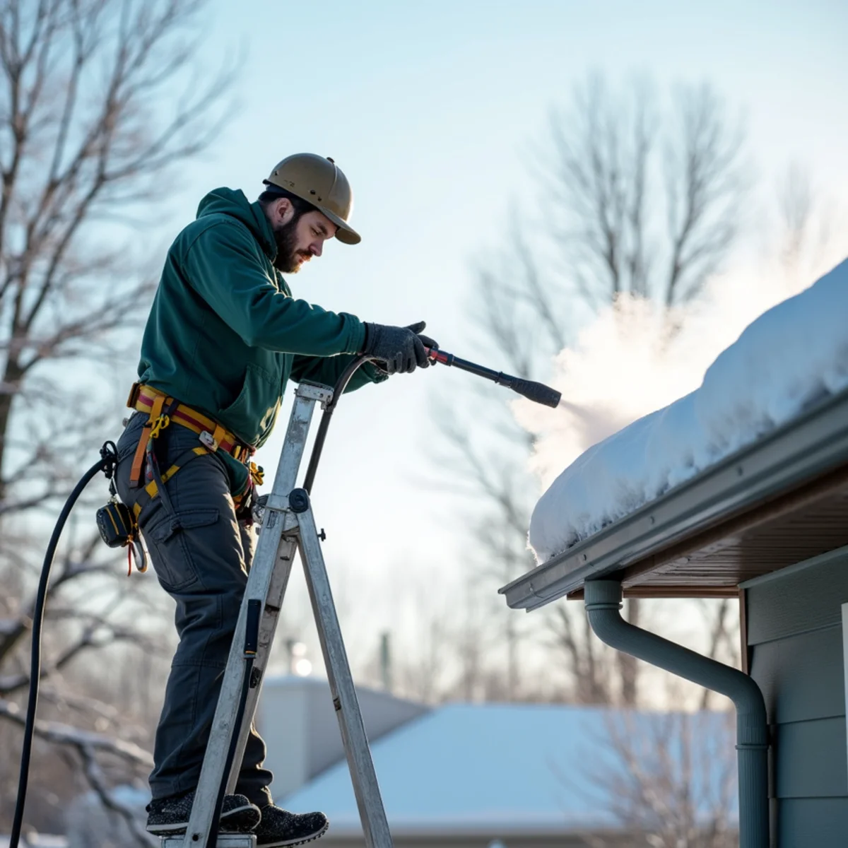 Technician using low-pressure steam equipment to safely remove roof ice dam in winter
