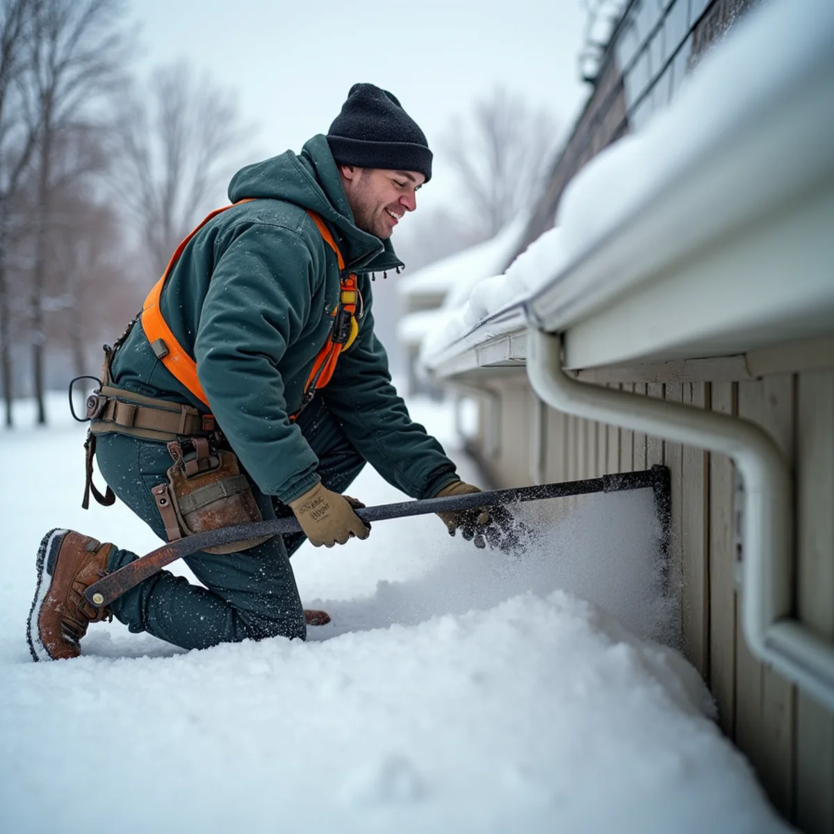 Homeowner using extendable roof rake from ground to pull snow off lower roof overhang