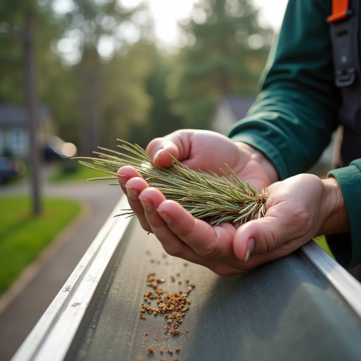 White pine needles naturally blowing off angled micro-mesh gutter guard in breeze