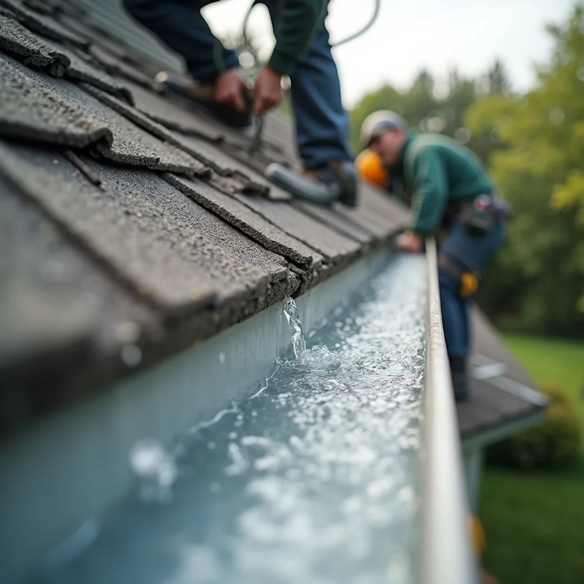 High-capacity 6-inch seamless gutter capturing water on steep architectural roof gable