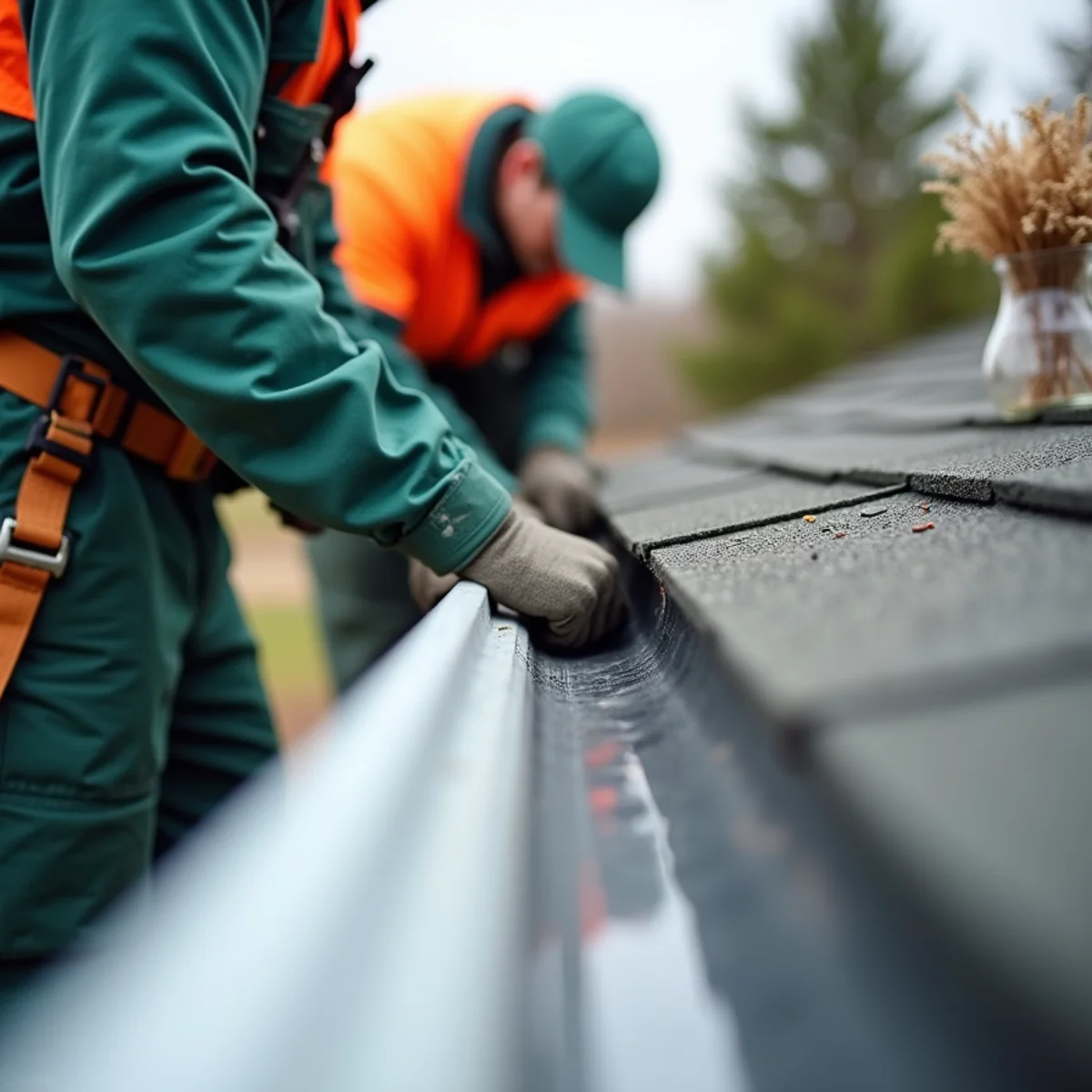 Gutter installed tight beneath metal drip edge flashing to prevent rear water leakage
