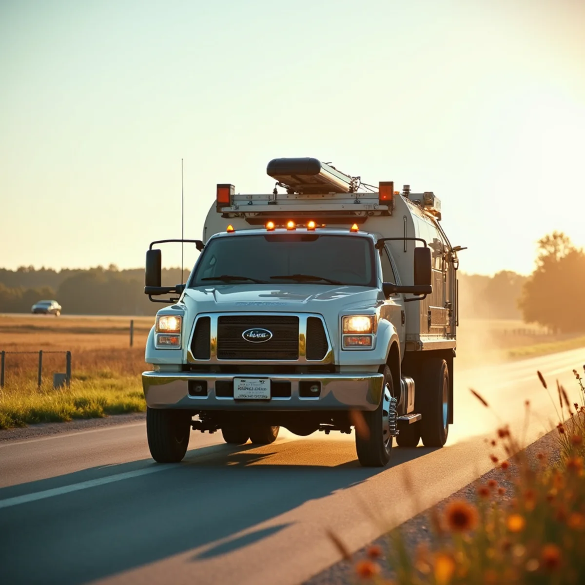 DualGuard mobile service truck traveling on US-10 toward Rice for customer estimate
