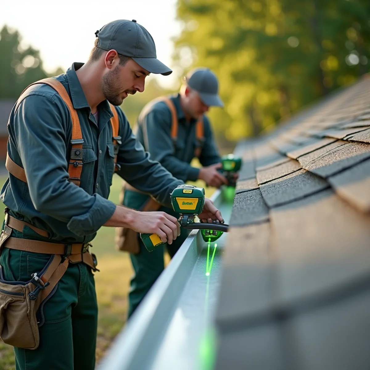 Technician using green laser level to re-pitch sagging gutter toward downspout