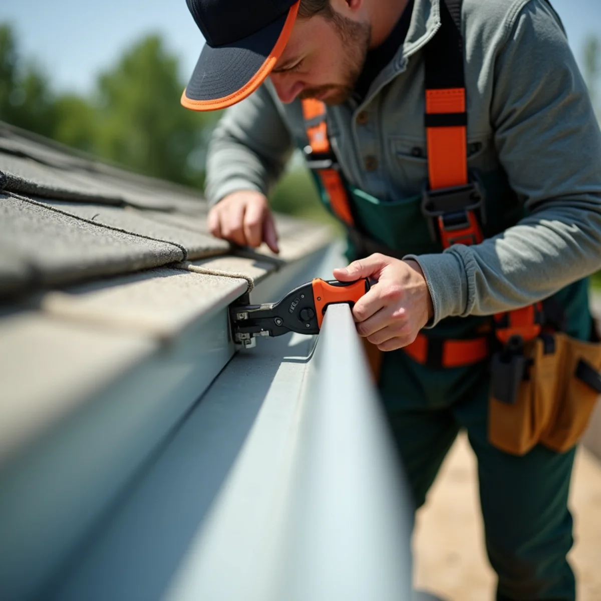 Craftsman hand-cutting and assembling a custom gutter corner miter on job site