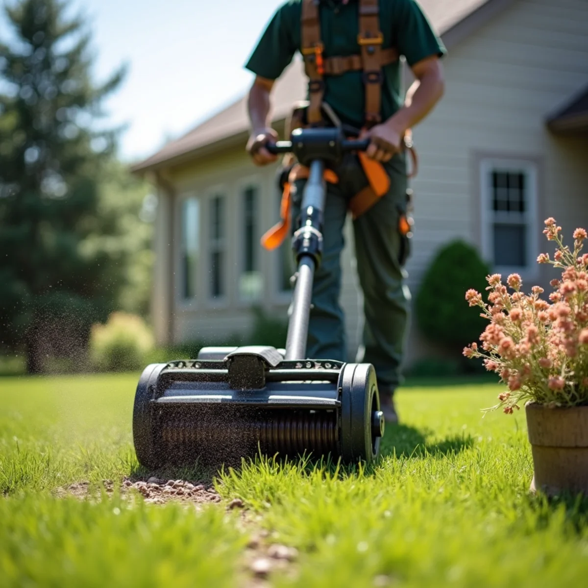Crew member using heavy-duty magnetic lawn sweeper to collect stray metal fasteners