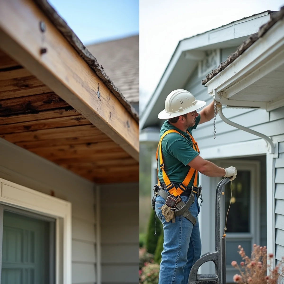Before and after comparison of rotted wooden soffit replaced by vented aluminum panels