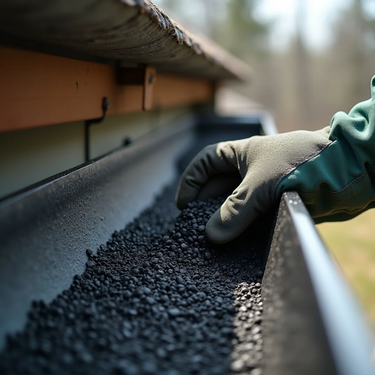 Gloved hand scooping heavy deposit of black asphalt shingle granules from gutter