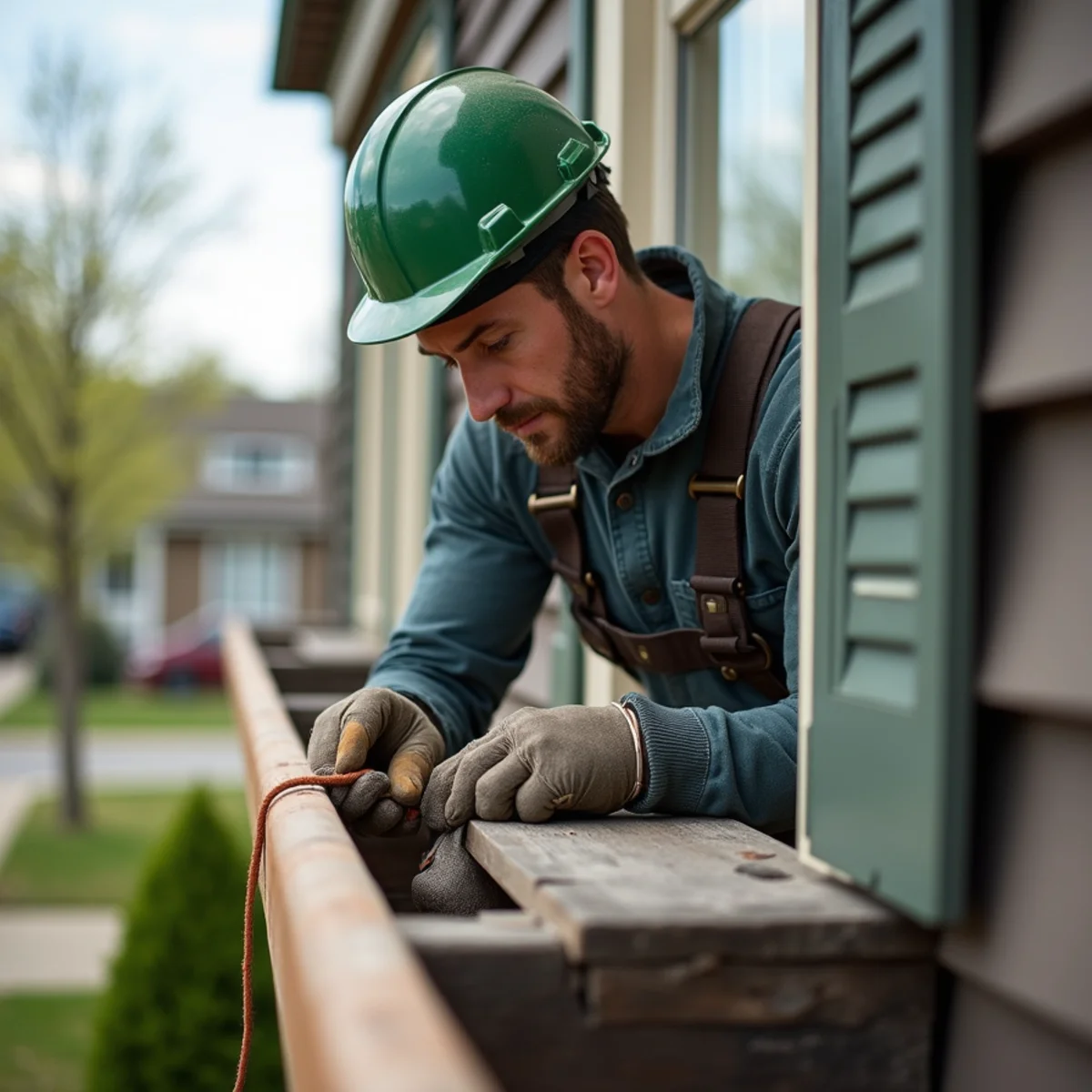 Technician relining and restoring a historic built-in box gutter on St Cloud home