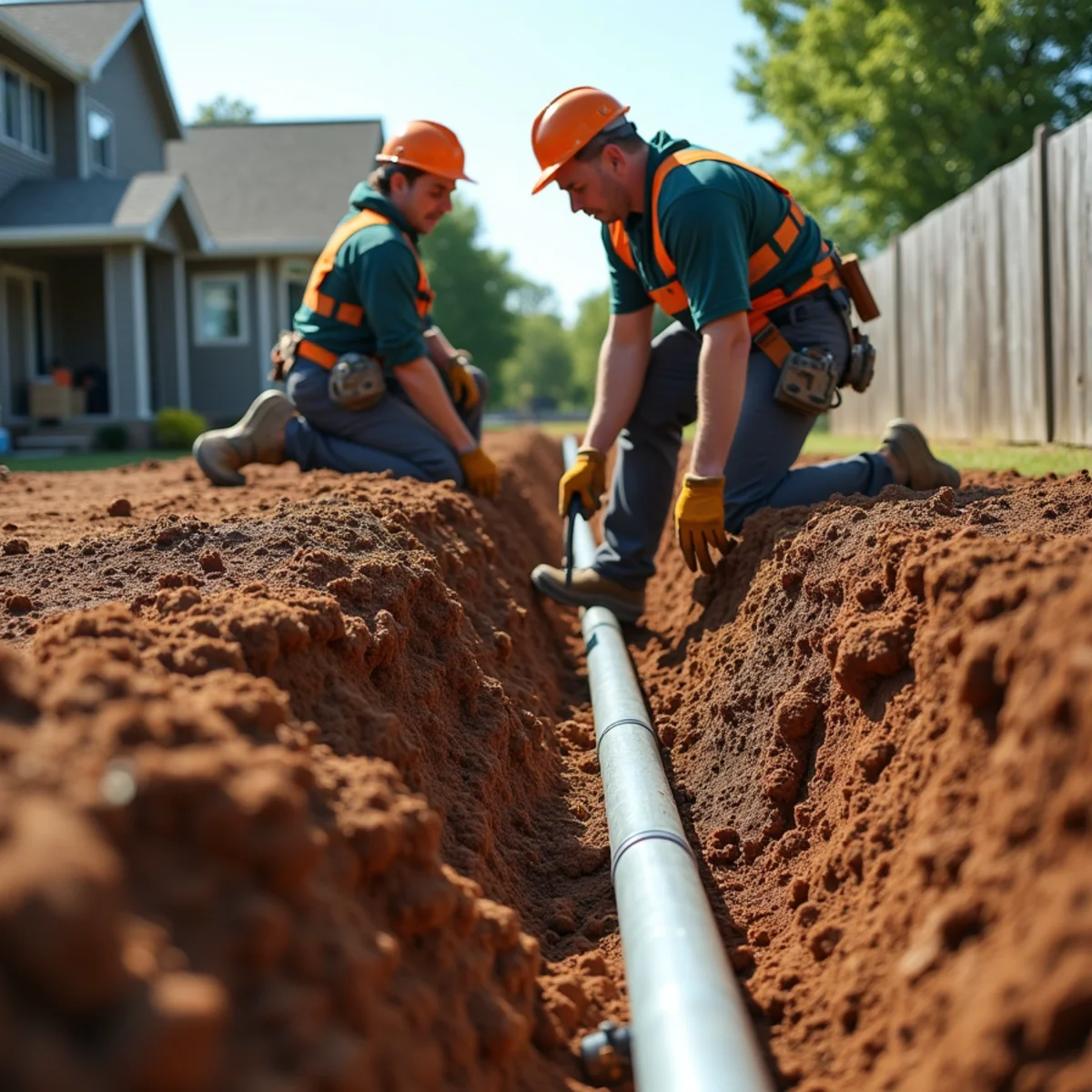 Trenching buried drainage line through dense clay soil in Stearns County Minnesota