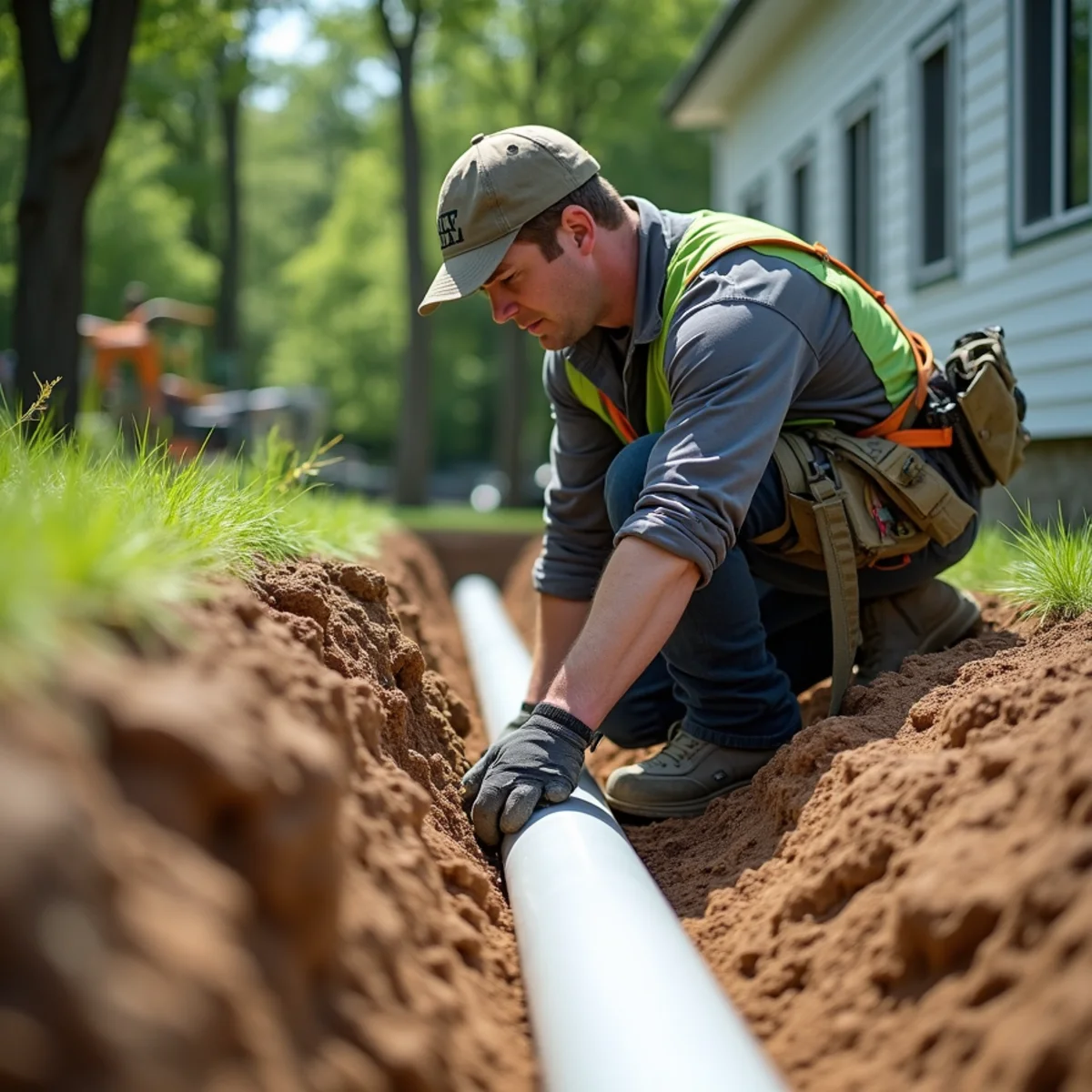Technician installing drainage pipe above shallow granite bedrock in Waite Park yard