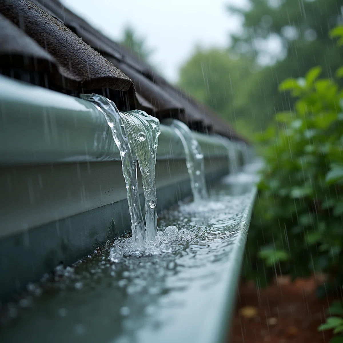Heavy summer rain pouring over gutter edge like a waterfall during severe downpour